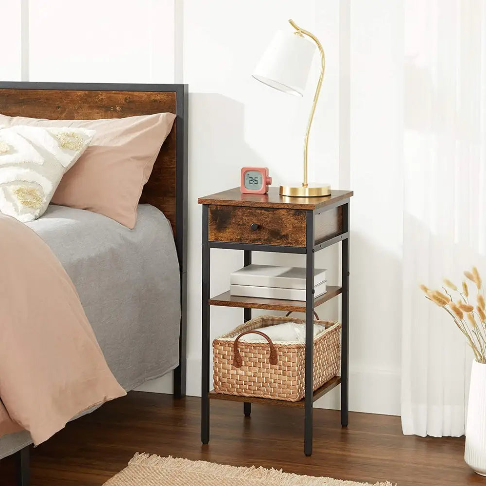 VASAGLE Nightstand End Table with a Drawer and 2 Storage Shelves Industrial Rustic Brown and Black - Furniture > Living