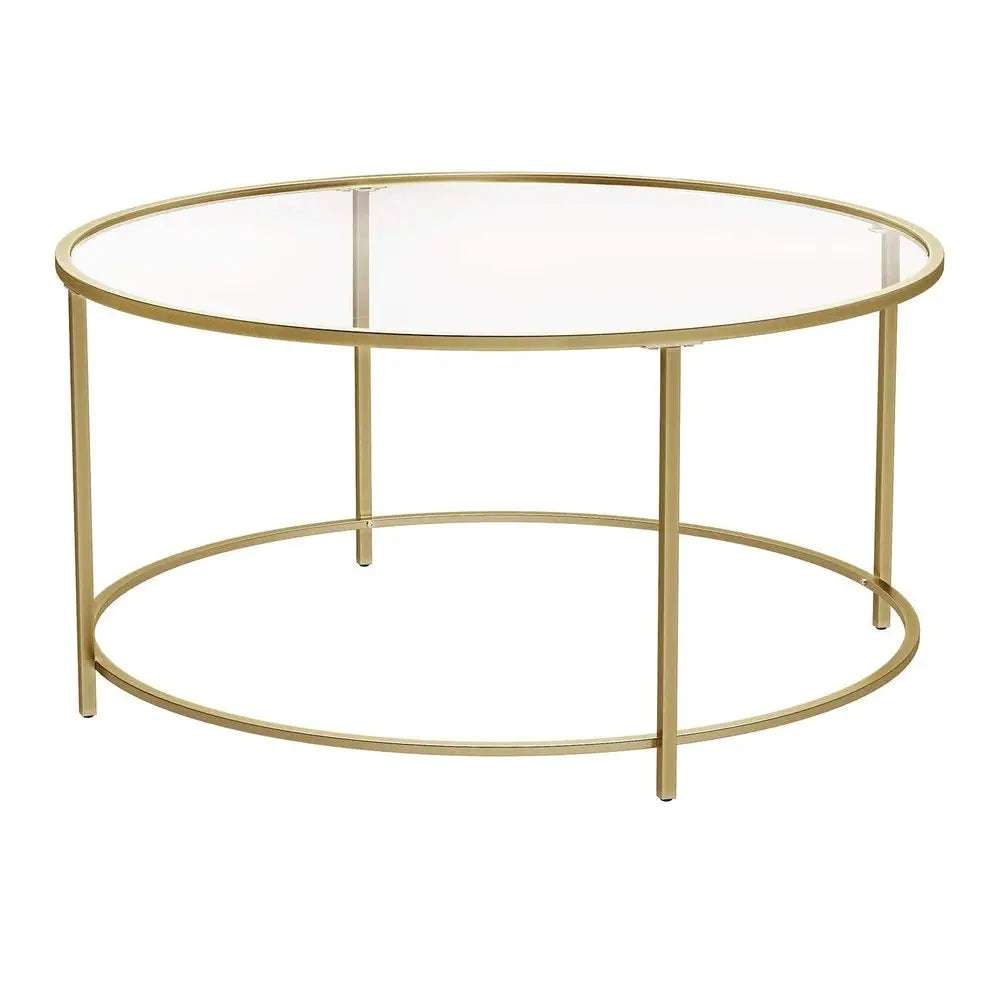 VASAGLE Round Coffee Table Glass Table with Steel Frame Gold LGT21G - Furniture > Living Room