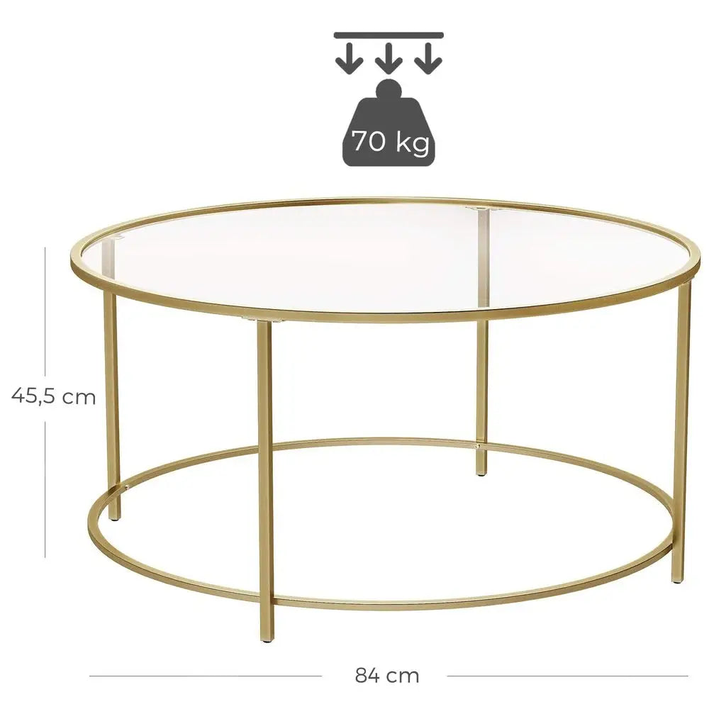 VASAGLE Round Coffee Table Glass Table with Steel Frame Gold LGT21G - Furniture > Living Room