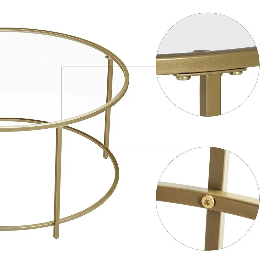 VASAGLE Round Coffee Table Glass Table with Steel Frame Gold LGT21G - Furniture > Living Room