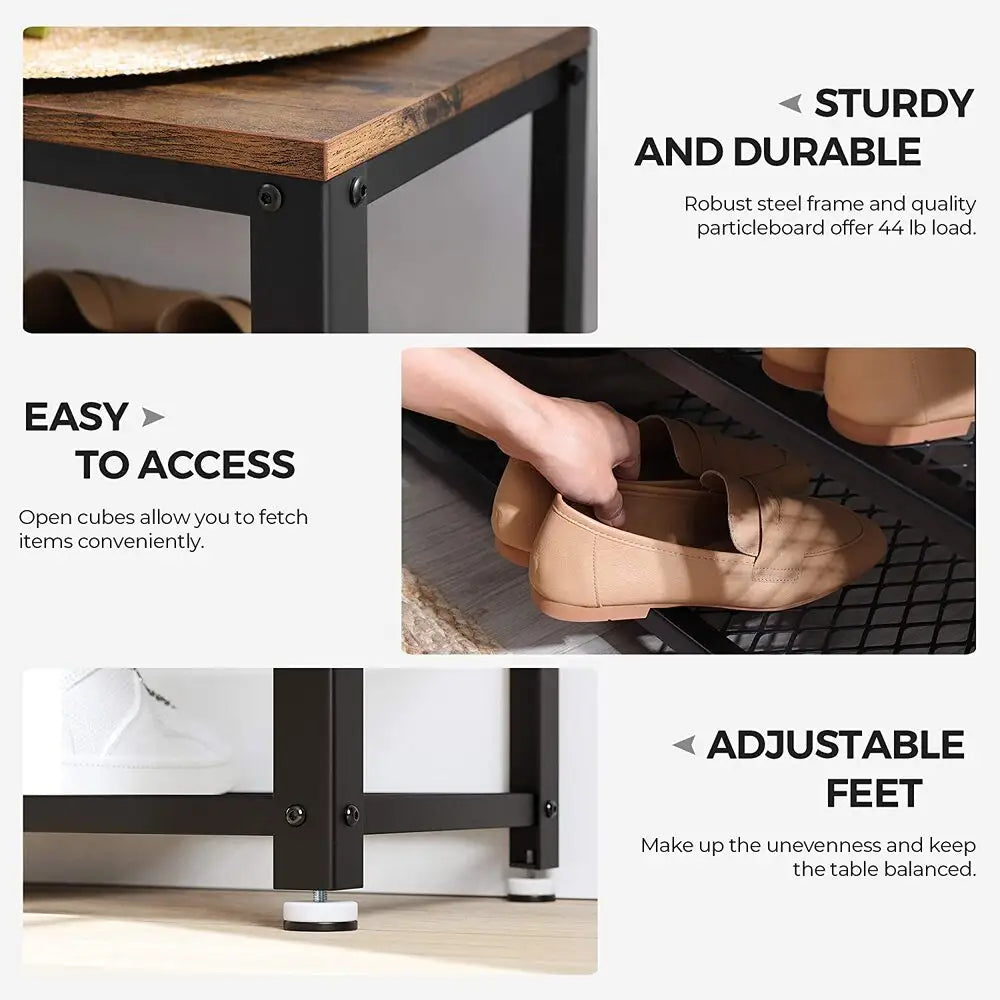 VASAGLE Shoe Bench with Seat Shoe Rack with 2 Mesh Shelves Rustic Brown and Black LBS73X - Furniture > Living Room