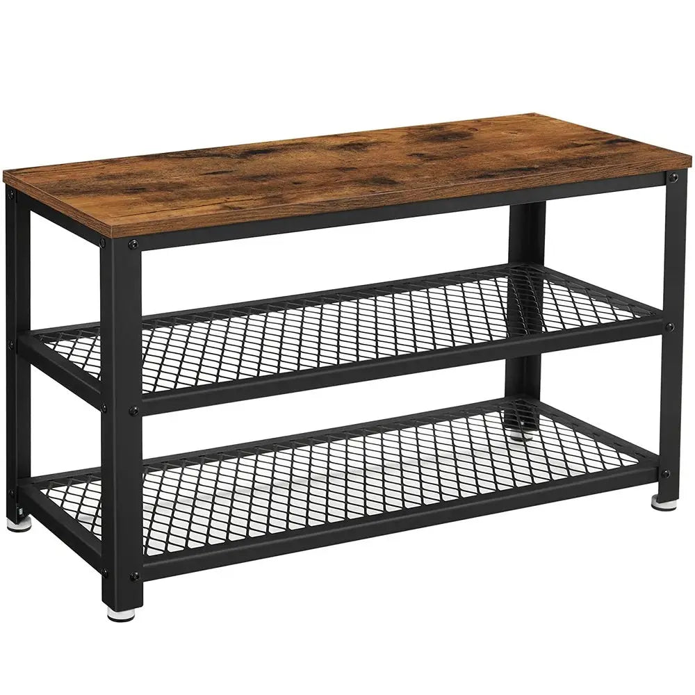 VASAGLE Shoe Bench with Seat Shoe Rack with 2 Mesh Shelves Rustic Brown and Black LBS73X - Furniture > Living Room