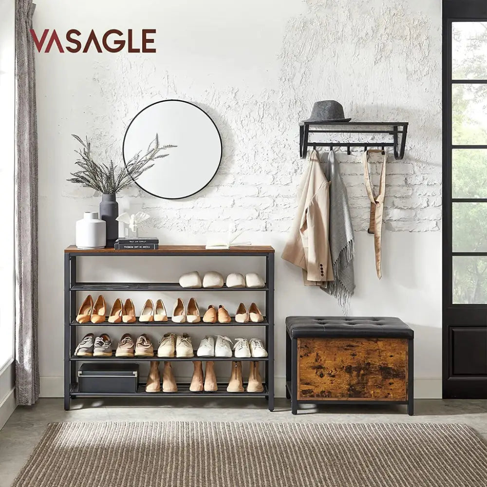 VASAGLE Shoe Rack Shoe Storage Organiser with 4 Mesh Shelves Rustic Brown and Black LBS205B01 - Furniture > Living Room
