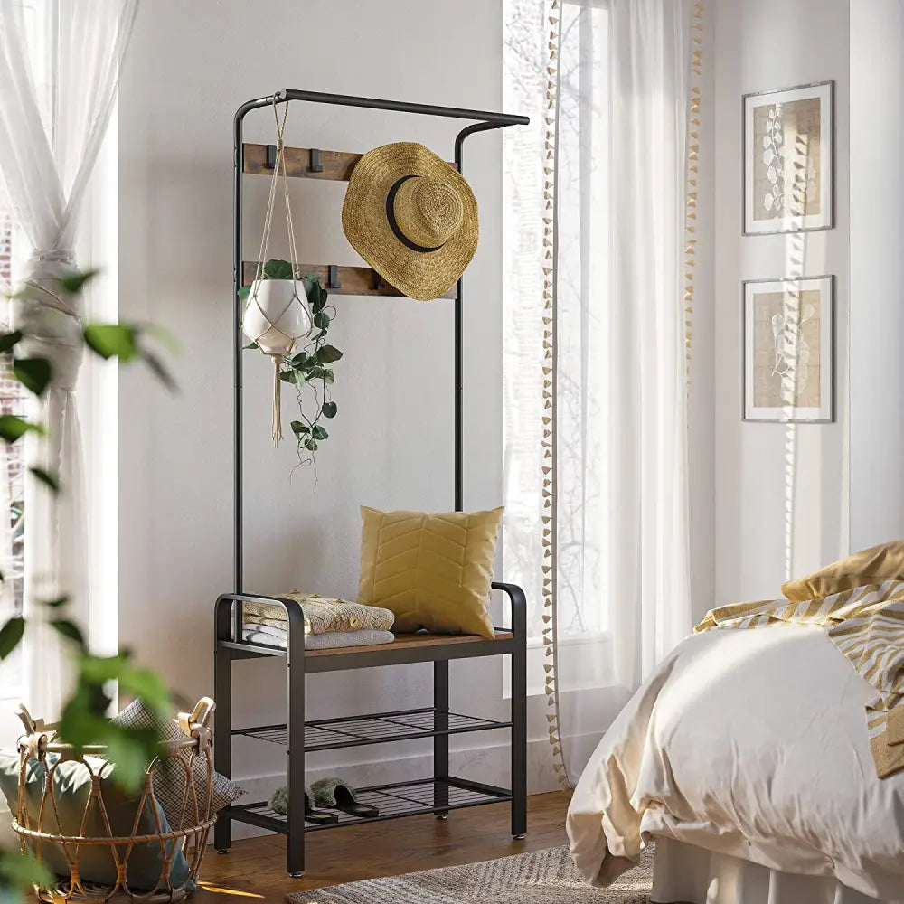 Vintage Coat Rack Shoe Bench Wood Look Accent Furniture and Metal Frame - Furniture > Living Room