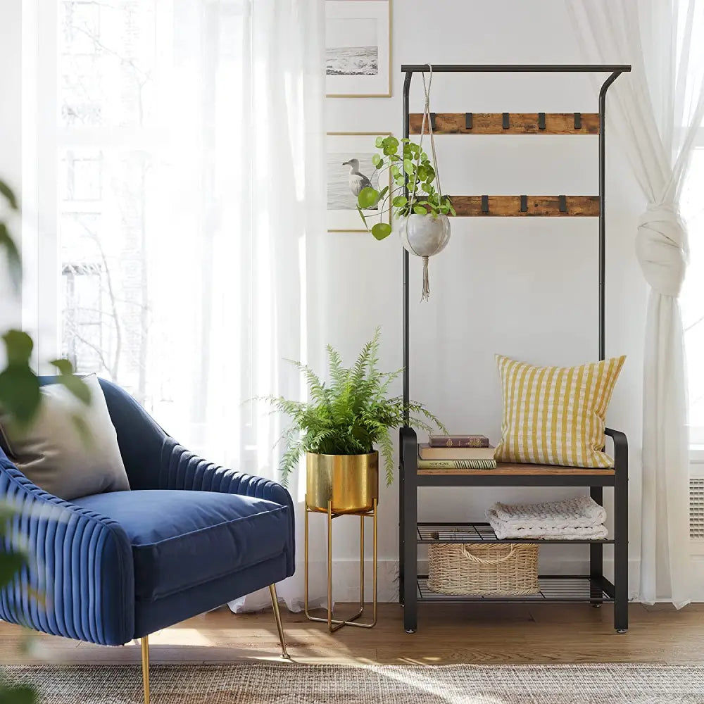 Vintage Coat Rack Shoe Bench Wood Look Accent Furniture and Metal Frame - Furniture > Living Room