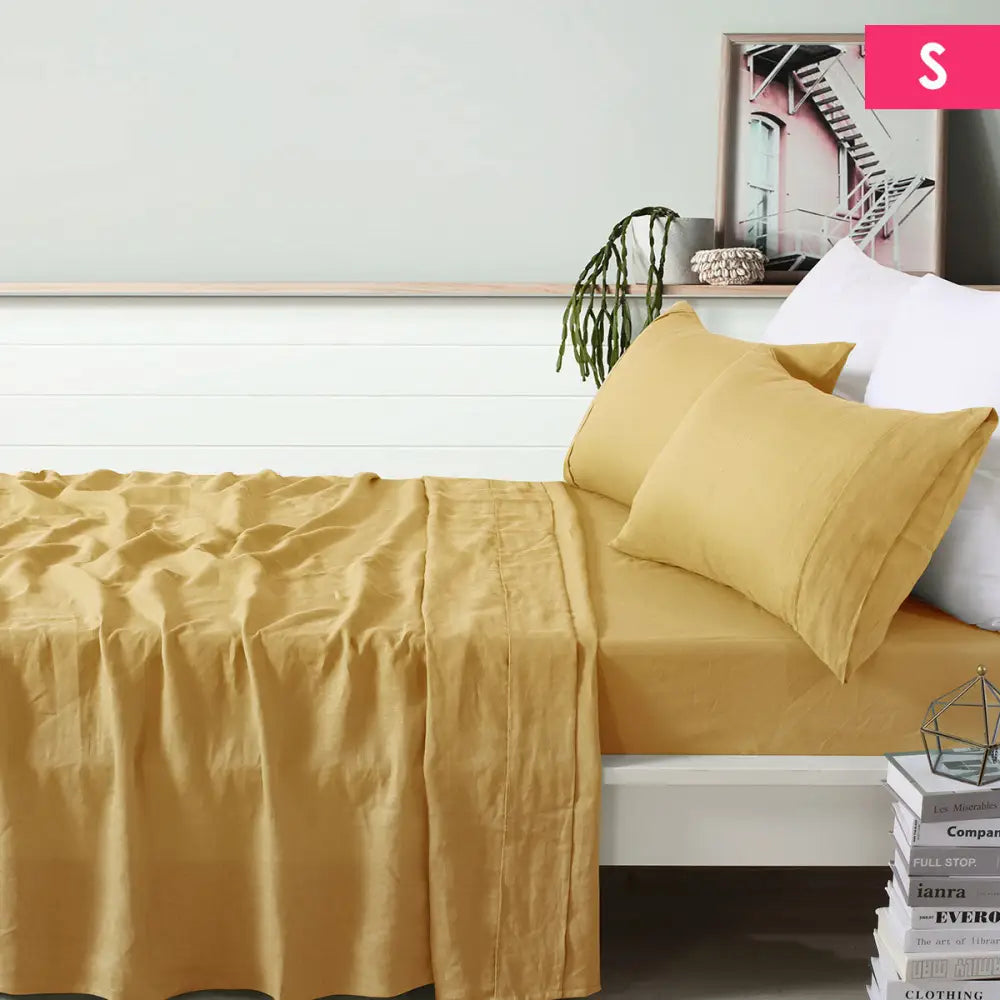 Vintage Design Homewares 100% Linen Ochre Sheet Set Single - Home & Garden > Bedding > Pillowcases
