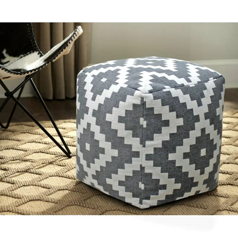 Vintage Geometric Pouf Cotton Printed Footstool Ottoman Pouffe Cover 55 cm X 45 - Furniture > Living Room > Ottomans &