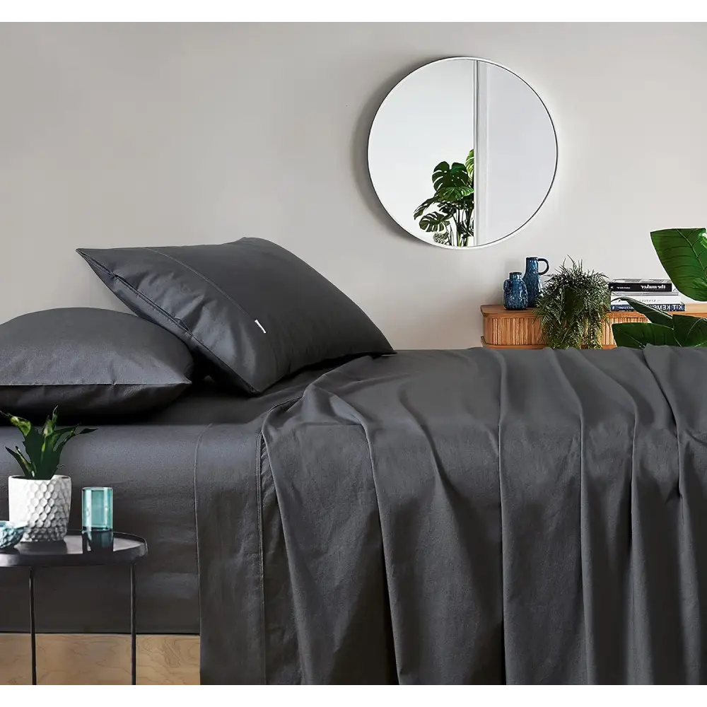 Vintage Washed 100% Cotton Sheet Set with 2 Pillowcases - Charcoal - Queen Size - Home & Garden > Bedding > Bed Sheets