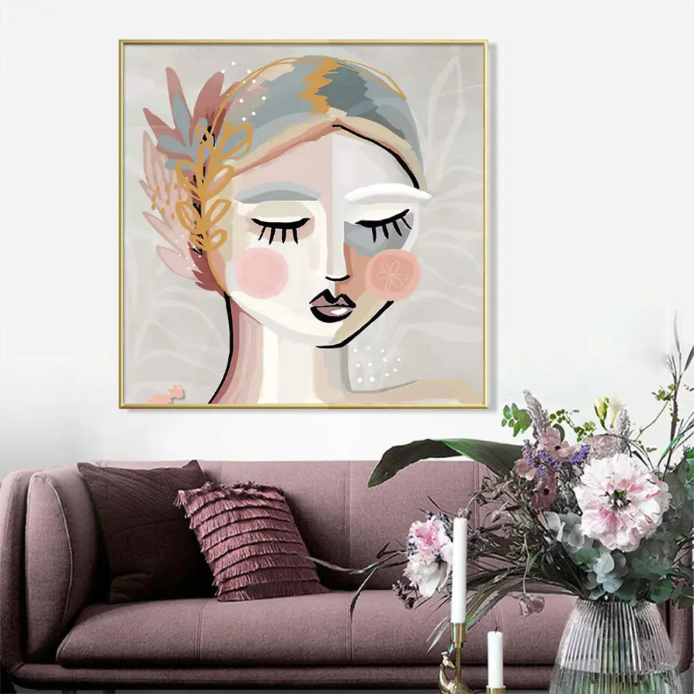 Wall Art 100cmx100cm Calm Girl Gold Frame Canvas - Home & Garden > Wall Art