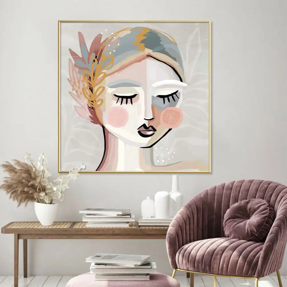Wall Art 100cmx100cm Calm Girl Gold Frame Canvas - Home & Garden > Wall Art
