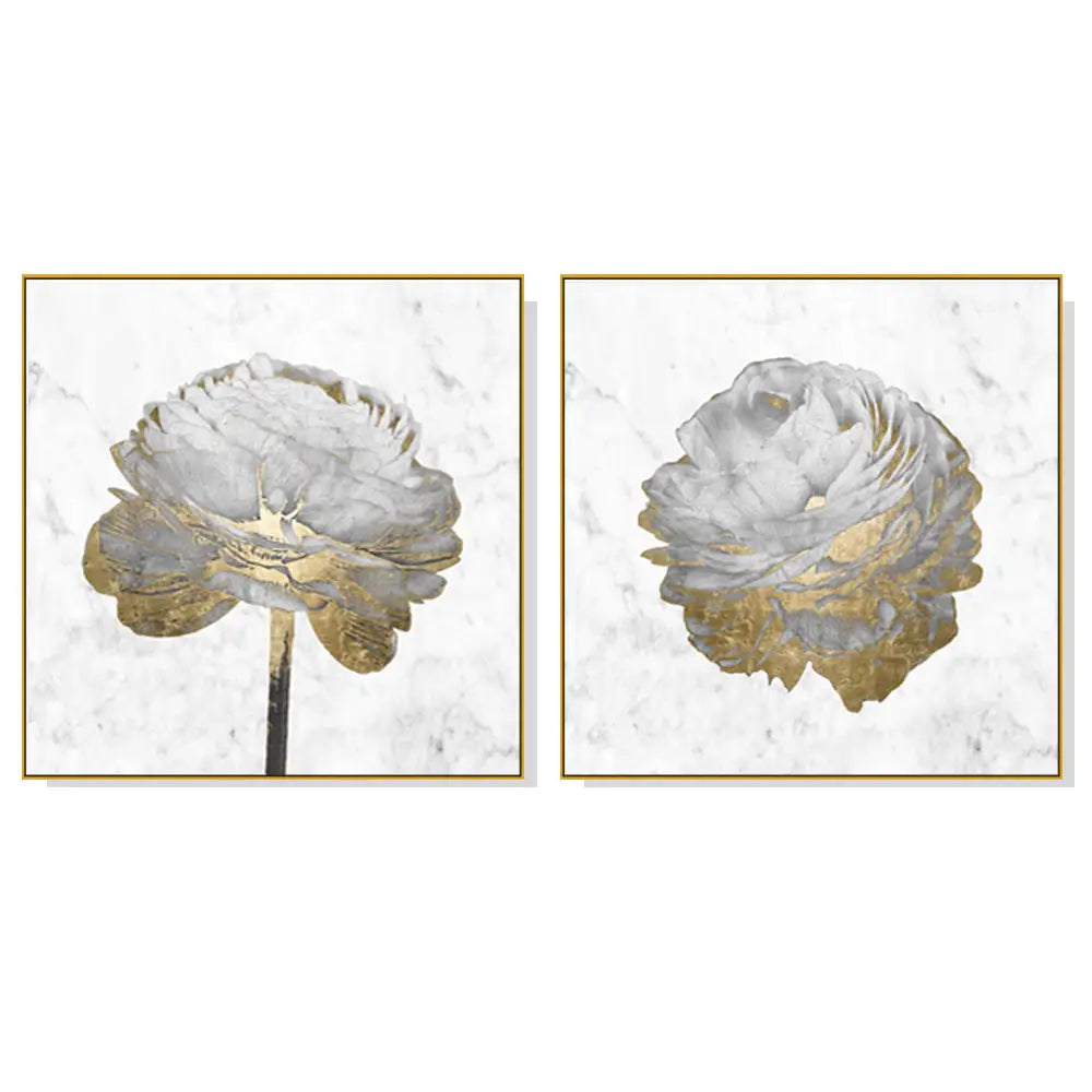 Wall Art 100cmx100cm Gold And White Blossom On White 2 Sets Gold Frame Canvas - Home & Garden > Wall Art
