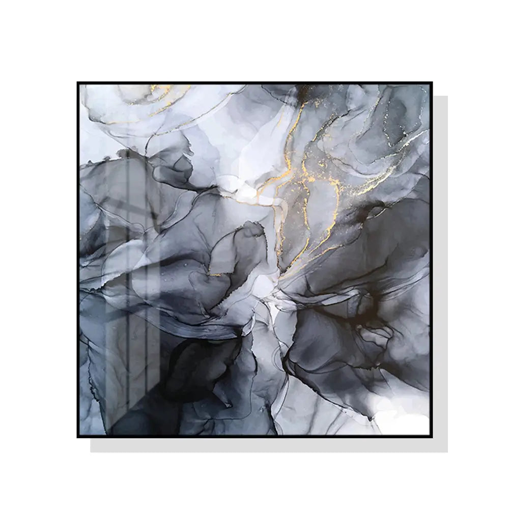 Wall Art 100cmx100cm Marbled Black Grey Black Frame Canvas - Home & Garden > Wall Art