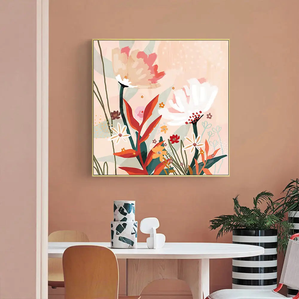 Wall Art 100cmx100cm Native Floral Gold Frame Canvas - Home & Garden > Wall Art