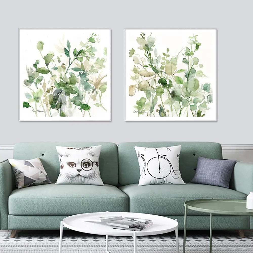 Wall Art 100cmx100cm Sage Garden By Carol Robinson 2 Sets White Frame Canvas - Home & Garden > Wall Art
