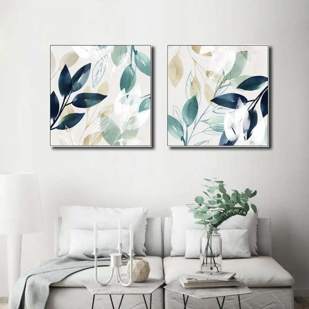 Wall Art 100cmx100cm Watercolour style leaves 2 Sets White Frame Canvas - Home & Garden > Wall Art