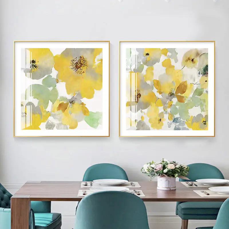 Wall Art 100cmx100cm Yellow Flowers American Style 2 Sets Gold Frame Canvas - Home & Garden > Wall Art