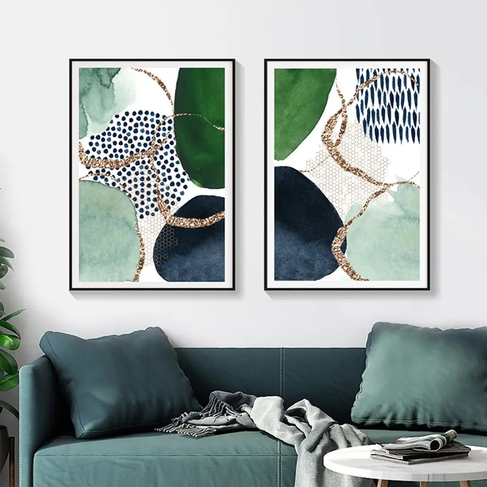 Wall Art 100cmx150cm Abstract Green and Navy 2 Sets Black Frame Canvas - Home & Garden > Wall Art