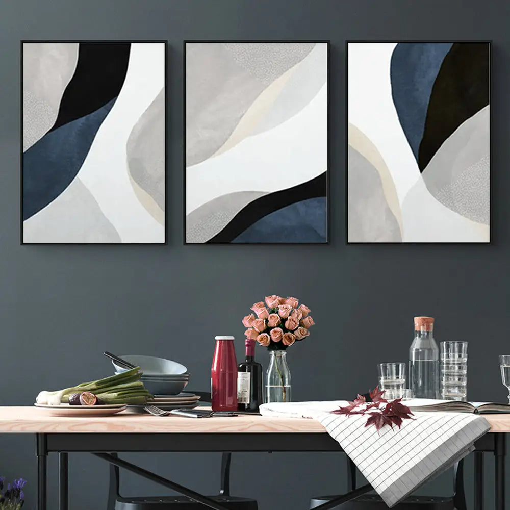 Wall Art 100cmx150cm Abstract Navy Blue 3 Sets Black Frame Canvas - Home & Garden > Wall Art