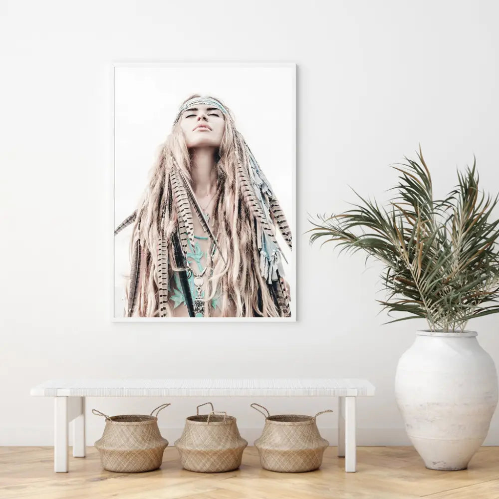 Wall Art 100cmx150cm BOHO Girl White Frame Canvas - Home & Garden > Wall Art