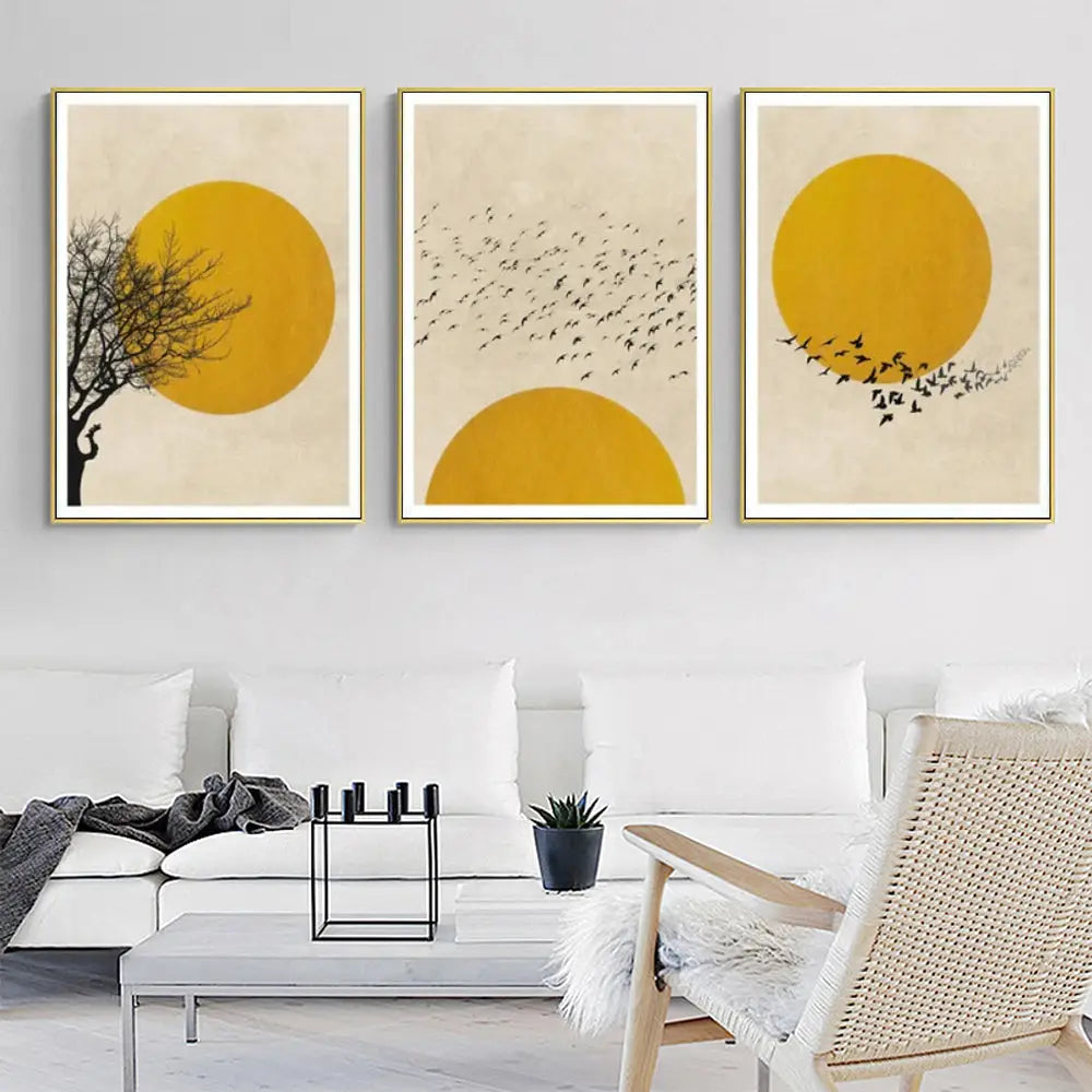 Wall Art 100cmx150cm Flock Of Birds Sun Silhouette 3 Sets Gold Frame Canvas - Home & Garden > Wall Art