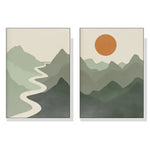 Wall Art 100cmx150cm Sage Green River Mountain 2 Sets White Frame Canvas - Home & Garden > Wall Art