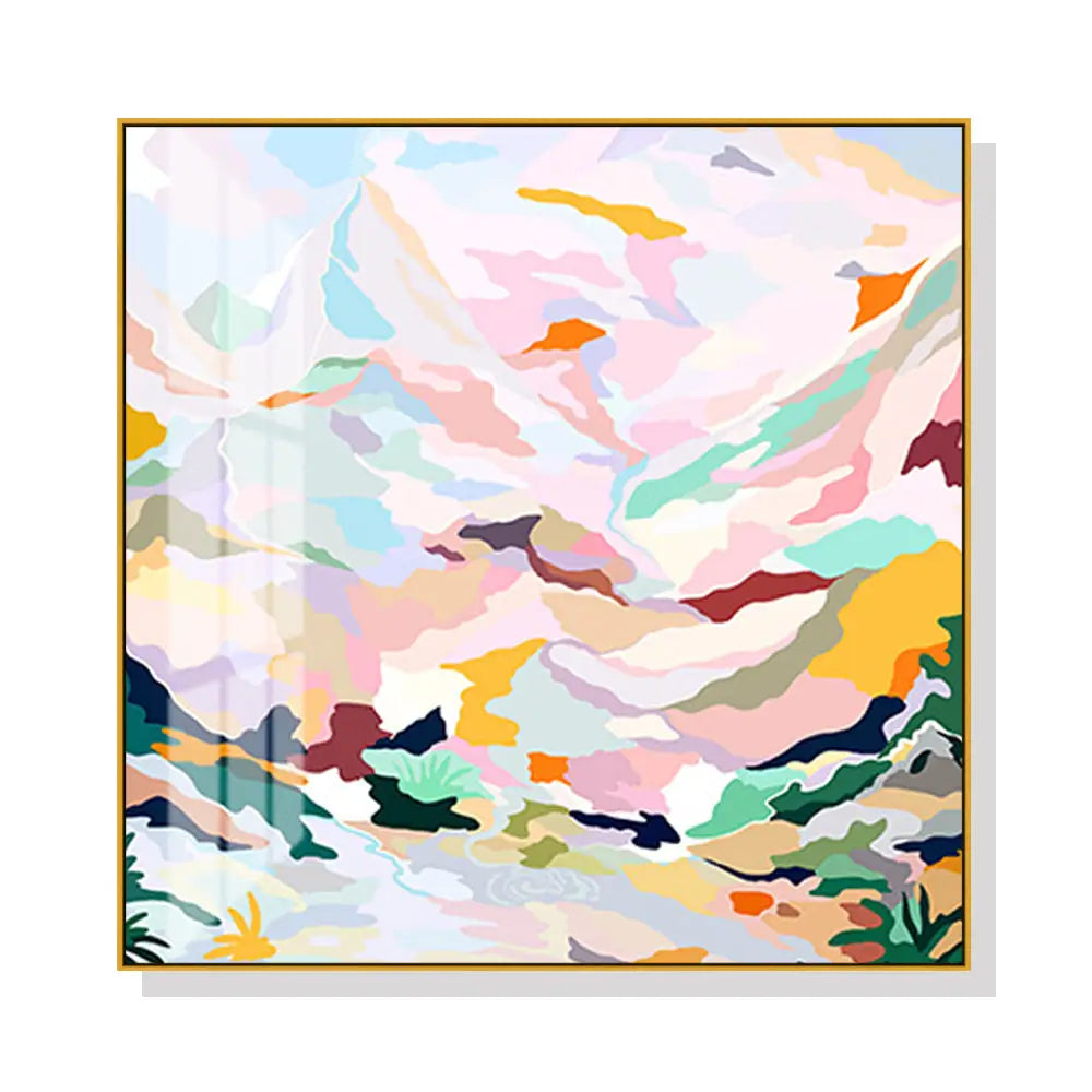 Wall Art 40cmx40cm Abstract Pink Mountain Hand Painted Style Gold Frame Canvas - Home & Garden > Wall Art