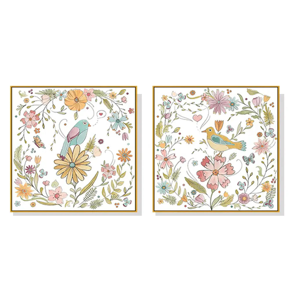 Wall Art 40cmx40cm Floral birds 2 Sets Gold Frame Canvas - Home & Garden > Wall Art
