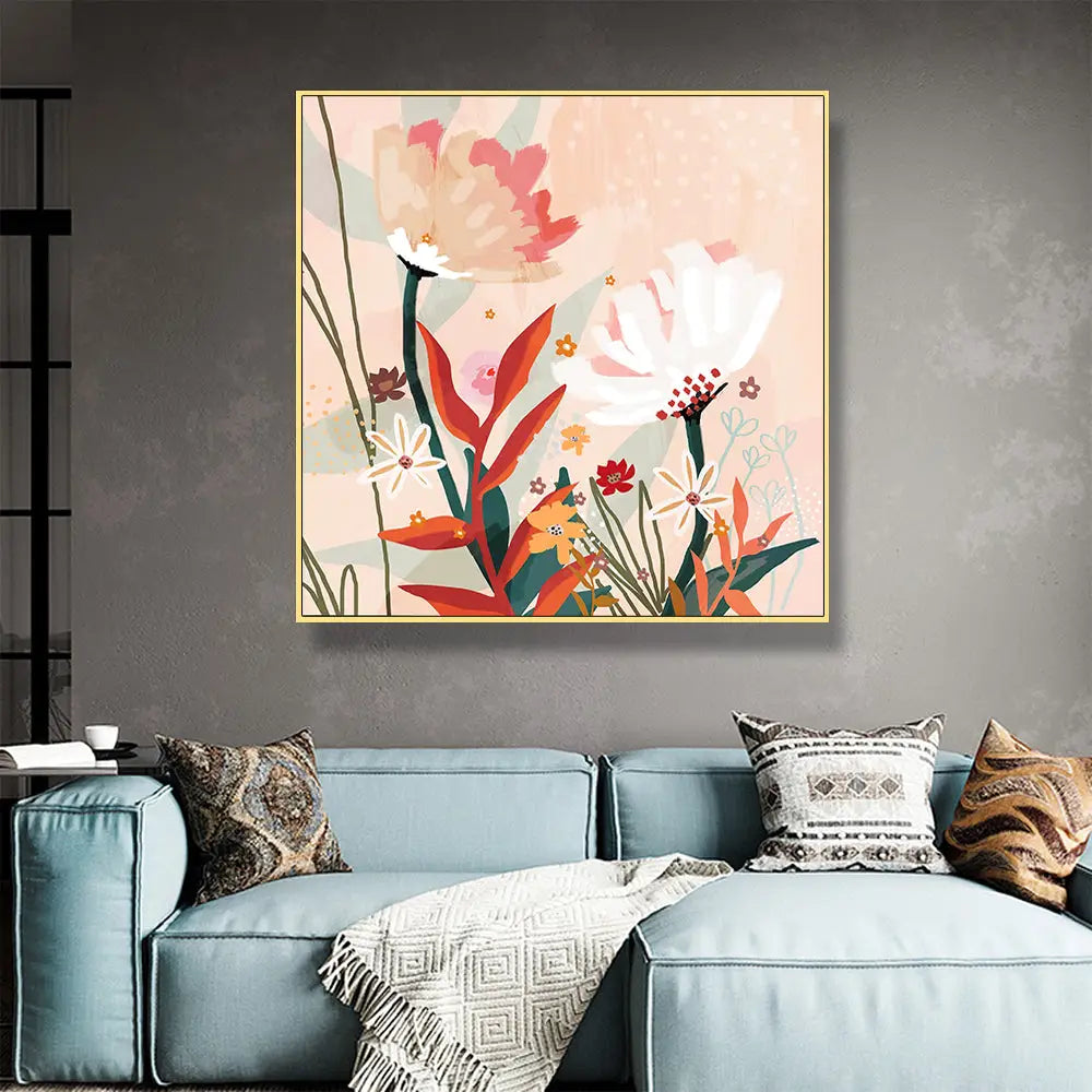 Wall Art 40cmx40cm Native Floral Gold Frame Canvas - Home & Garden > Wall Art