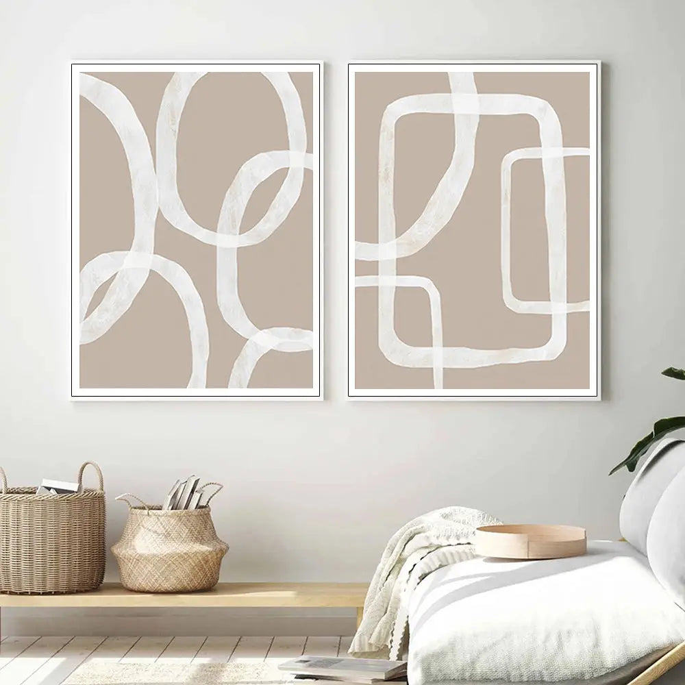Wall Art 40cmx60cm Abstract White Lines 2 Sets White Frame Canvas - Home & Garden > Wall Art