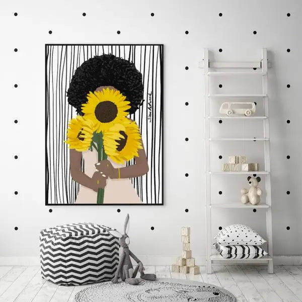 Wall Art 40cmx60cm African Woman Sunflower Black Frame Canvas - Home & Garden > Wall Art