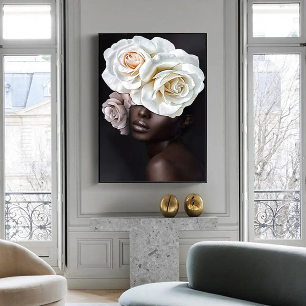 Wall Art 40cmx60cm Flower African Woman Black Frame Canvas - Home & Garden > Wall Art