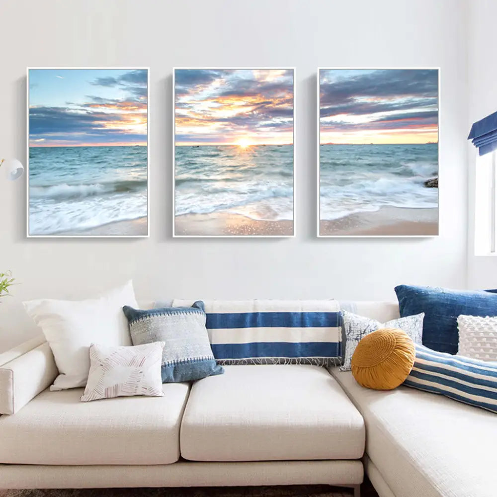 Wall Art 40cmx60cm Sunrise by the ocean 3 Sets White Frame Canvas - Home & Garden > Wall Art