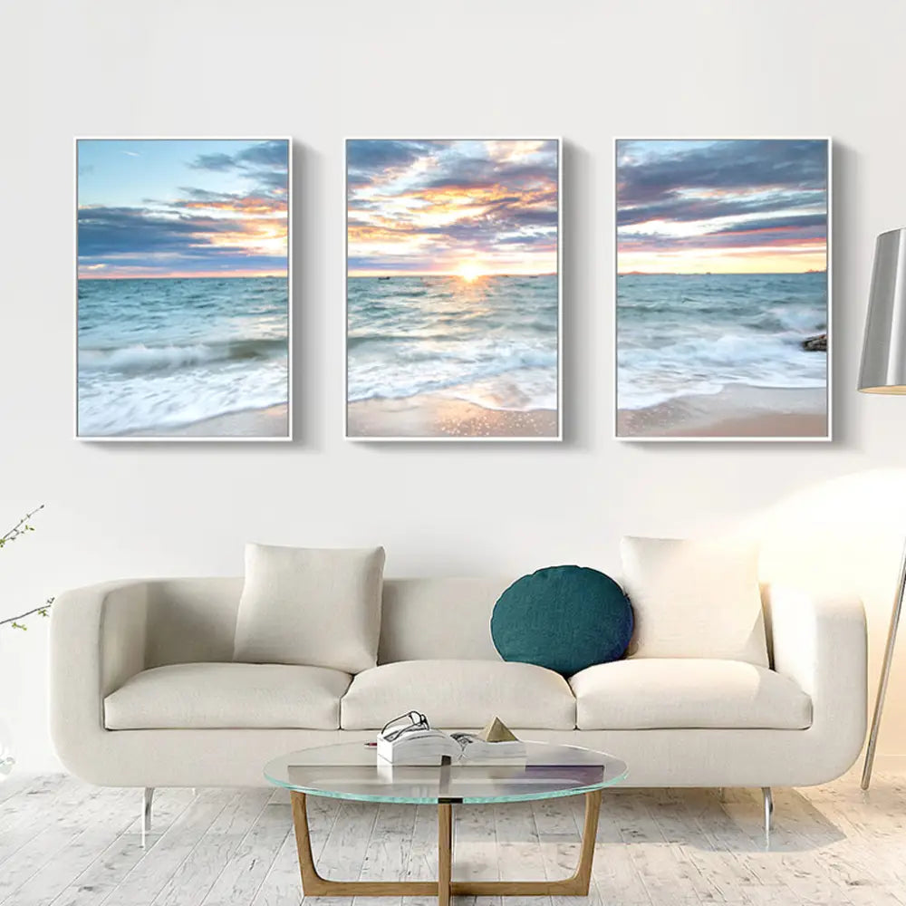 Wall Art 40cmx60cm Sunrise by the ocean 3 Sets White Frame Canvas - Home & Garden > Wall Art