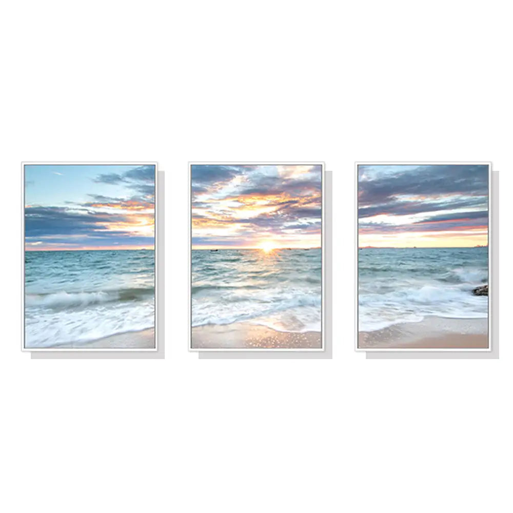 Wall Art 40cmx60cm Sunrise by the ocean 3 Sets White Frame Canvas - Home & Garden > Wall Art