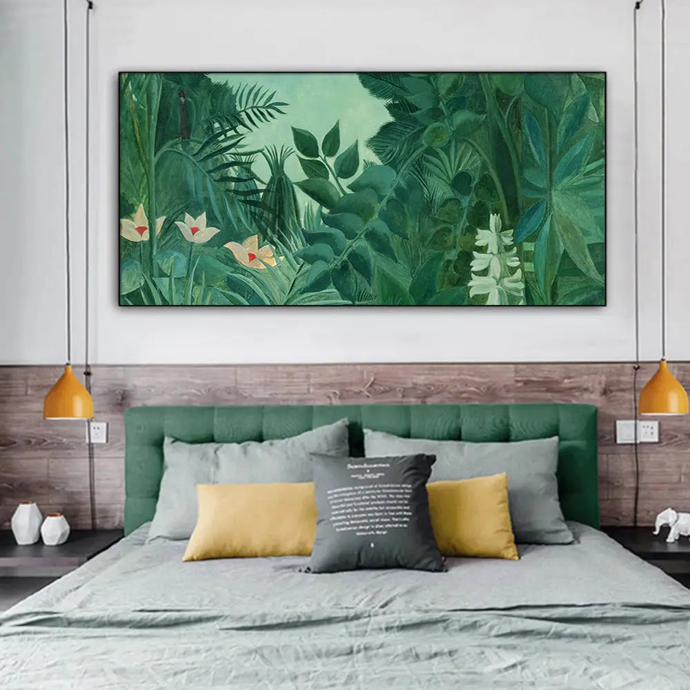 Wall Art 50cmx100cm The Equatorial Jungle Green Forest By Henri Rousseau Black Frame Canvas - Home & Garden > Wall Art