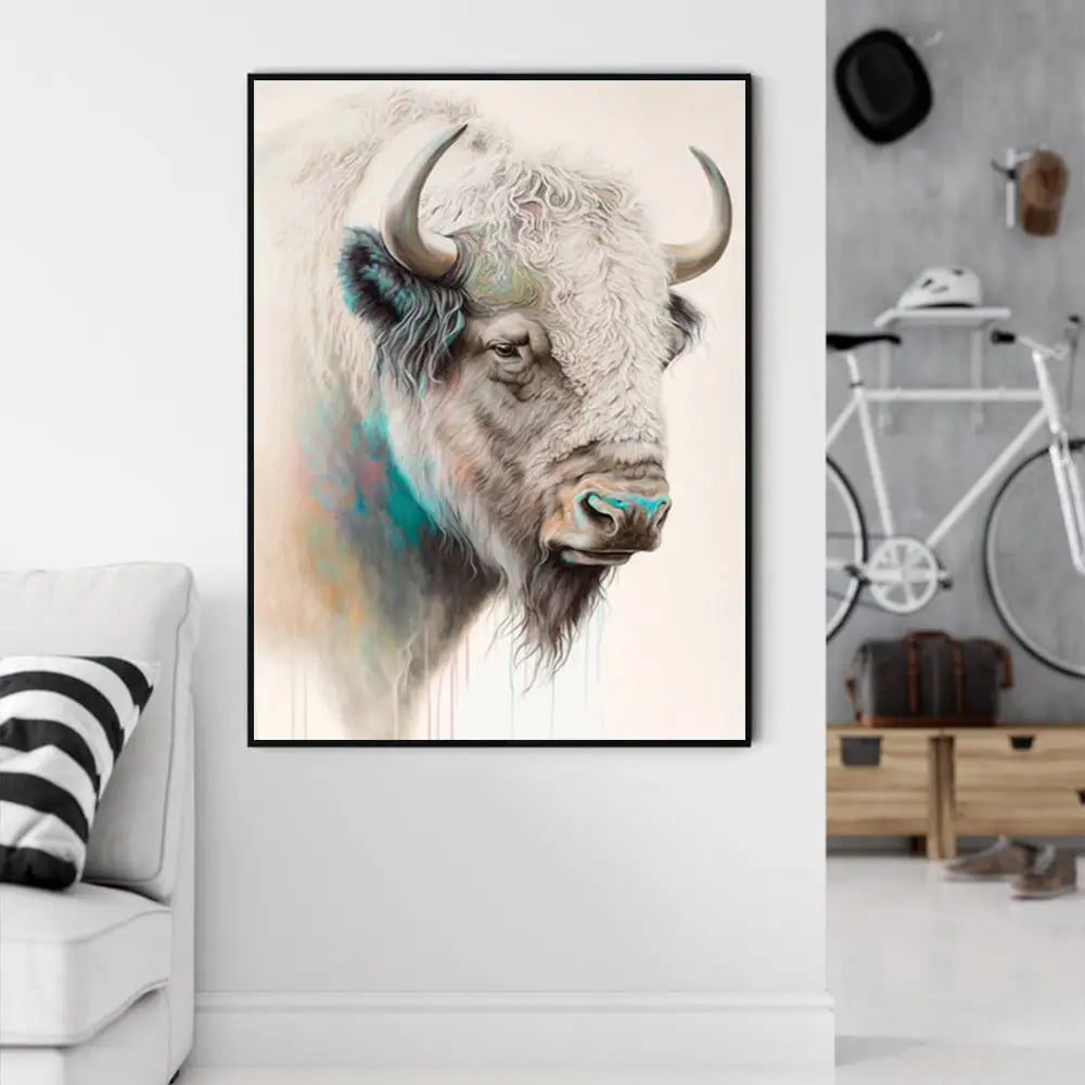Wall Art 50cmx70cm Great White Buffalo Black Frame Canvas - Home & Garden > Wall Art