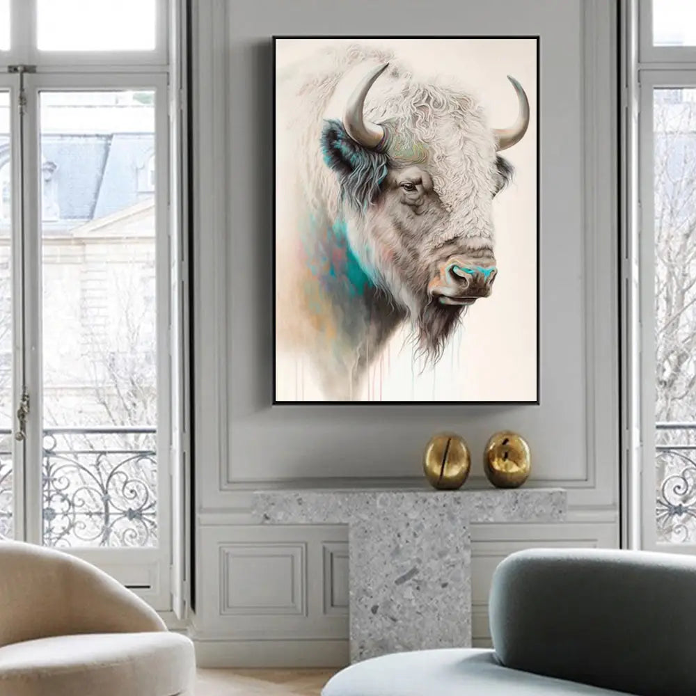 Wall Art 60cmx90cm Great White Buffalo Black Frame Canvas - Home & Garden > Wall Art
