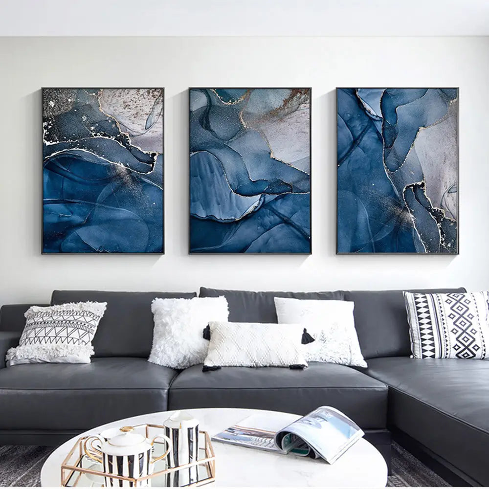 Wall Art 70cmx100cm Blue Gold Marble 3 Sets Black Frame Canvas - Home & Garden > Wall Art