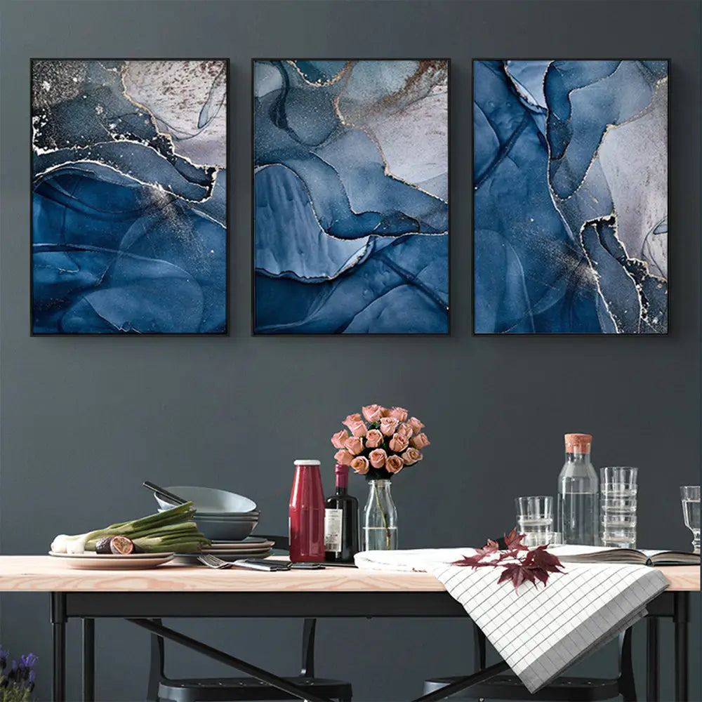 Wall Art 70cmx100cm Blue Gold Marble 3 Sets Black Frame Canvas - Home & Garden > Wall Art