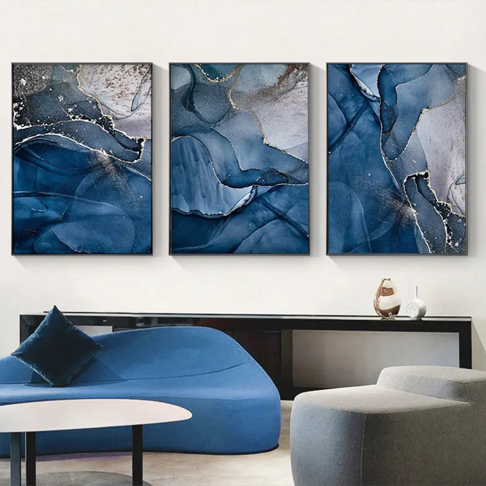 Wall Art 70cmx100cm Blue Gold Marble 3 Sets Black Frame Canvas - Home & Garden > Wall Art
