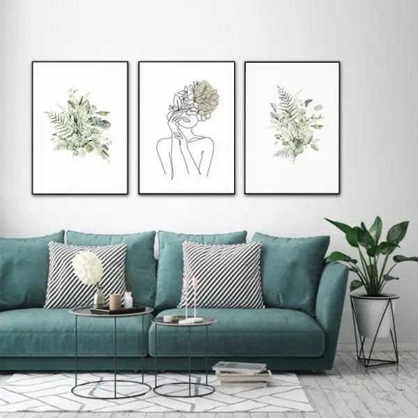 Wall Art 70cmx100cm Botanical Line Girl 3 Sets Black Frame Canvas - Home & Garden > Wall Art