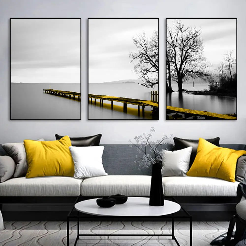Wall Art 70cmx100cm Calm Lake Bridge Tree Scene 3 Sets Black Frame Canvas - Home & Garden > Wall Art