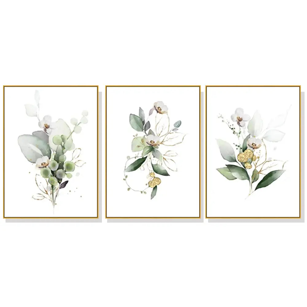 Wall Art 70cmx100cm Green and Gold Watercolor Botanical 3 Sets Gold Frame Canvas - Home & Garden > Wall Art