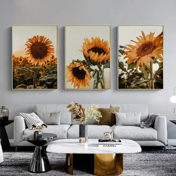 Wall Art 70cmx100cm Sunflower 3 Sets Gold Frame Canvas - Home & Garden > Wall Art