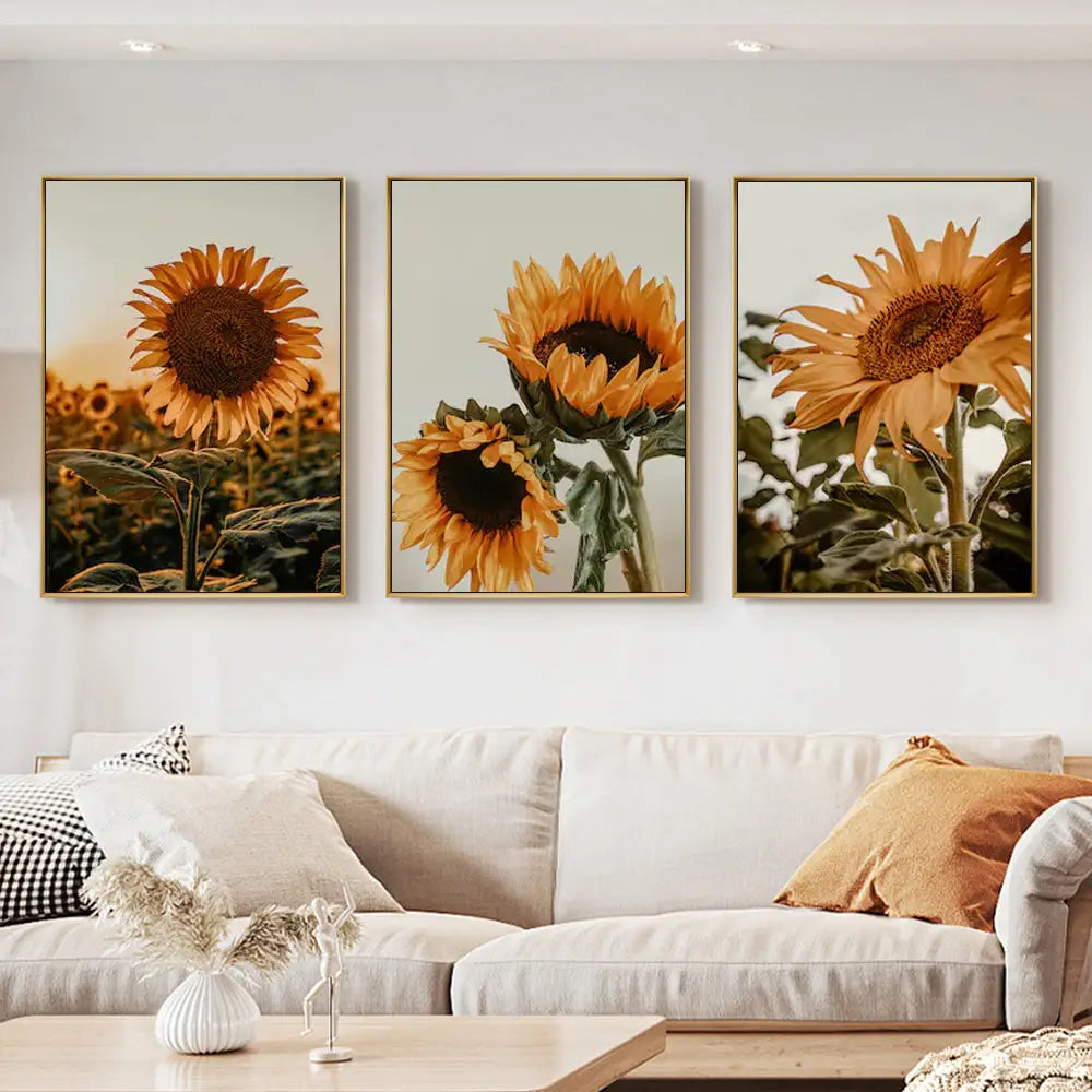 Wall Art 70cmx100cm Sunflower 3 Sets Gold Frame Canvas - Home & Garden > Wall Art