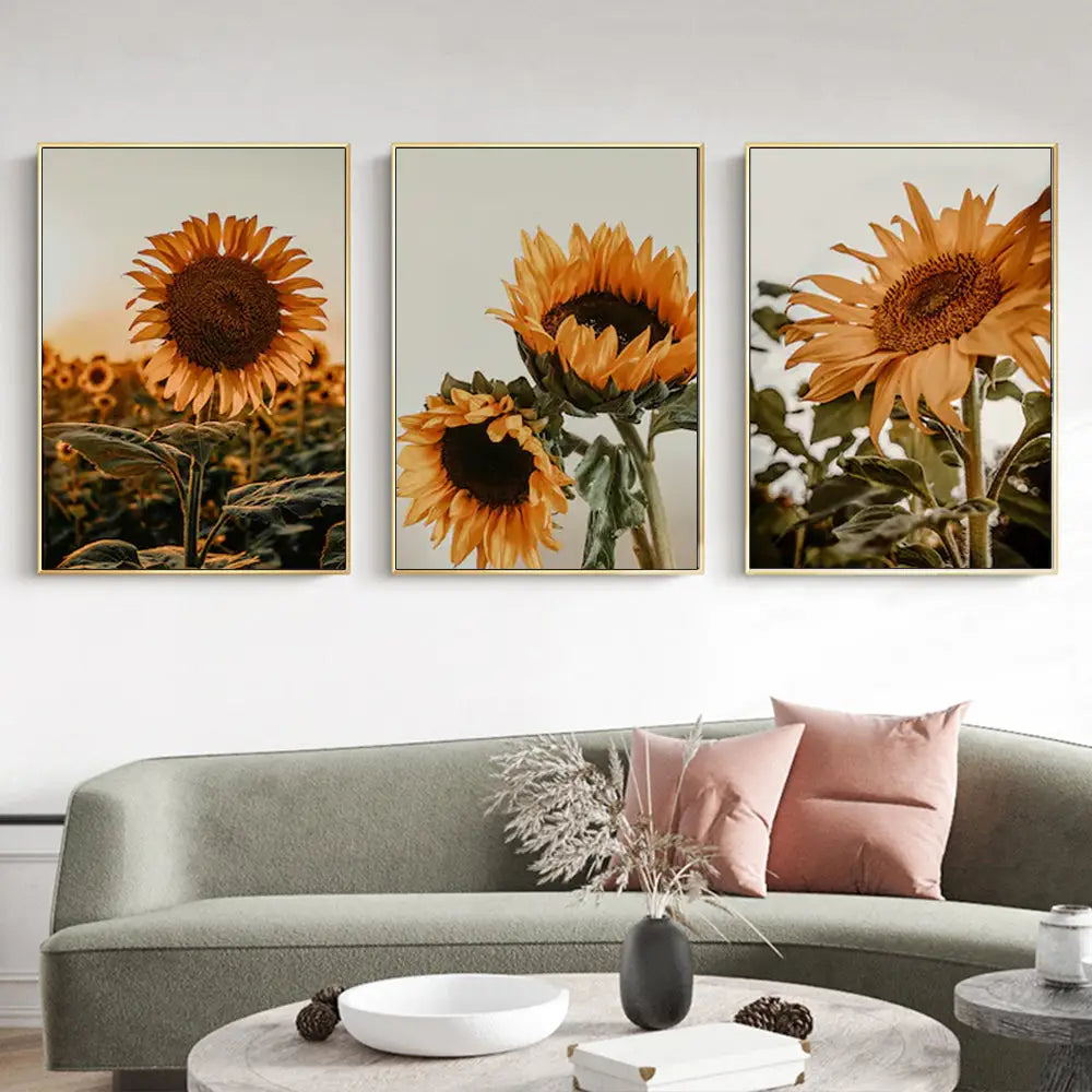 Wall Art 70cmx100cm Sunflower 3 Sets Gold Frame Canvas - Home & Garden > Wall Art