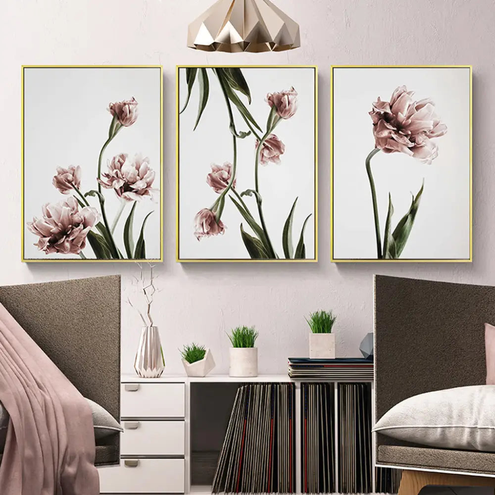 Wall Art 70cmx100cm Tulip Flower 3 Sets Gold Frame Canvas - Home & Garden > Wall Art
