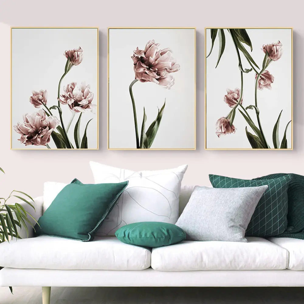 Wall Art 70cmx100cm Tulip Flower 3 Sets Gold Frame Canvas - Home & Garden > Wall Art