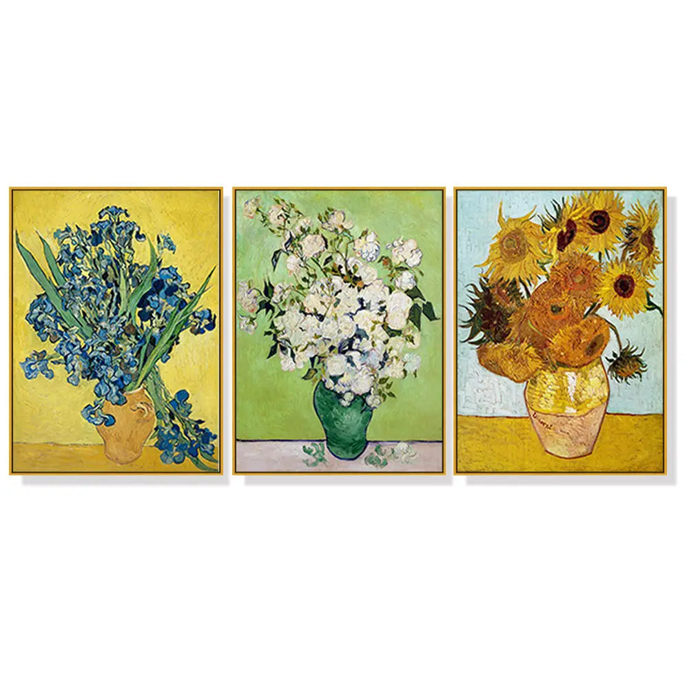 Wall Art 70cmx100cm Van Gogh sunflowers Roses 3 Sets Gold Frame Canvas - Home & Garden > Wall Art
