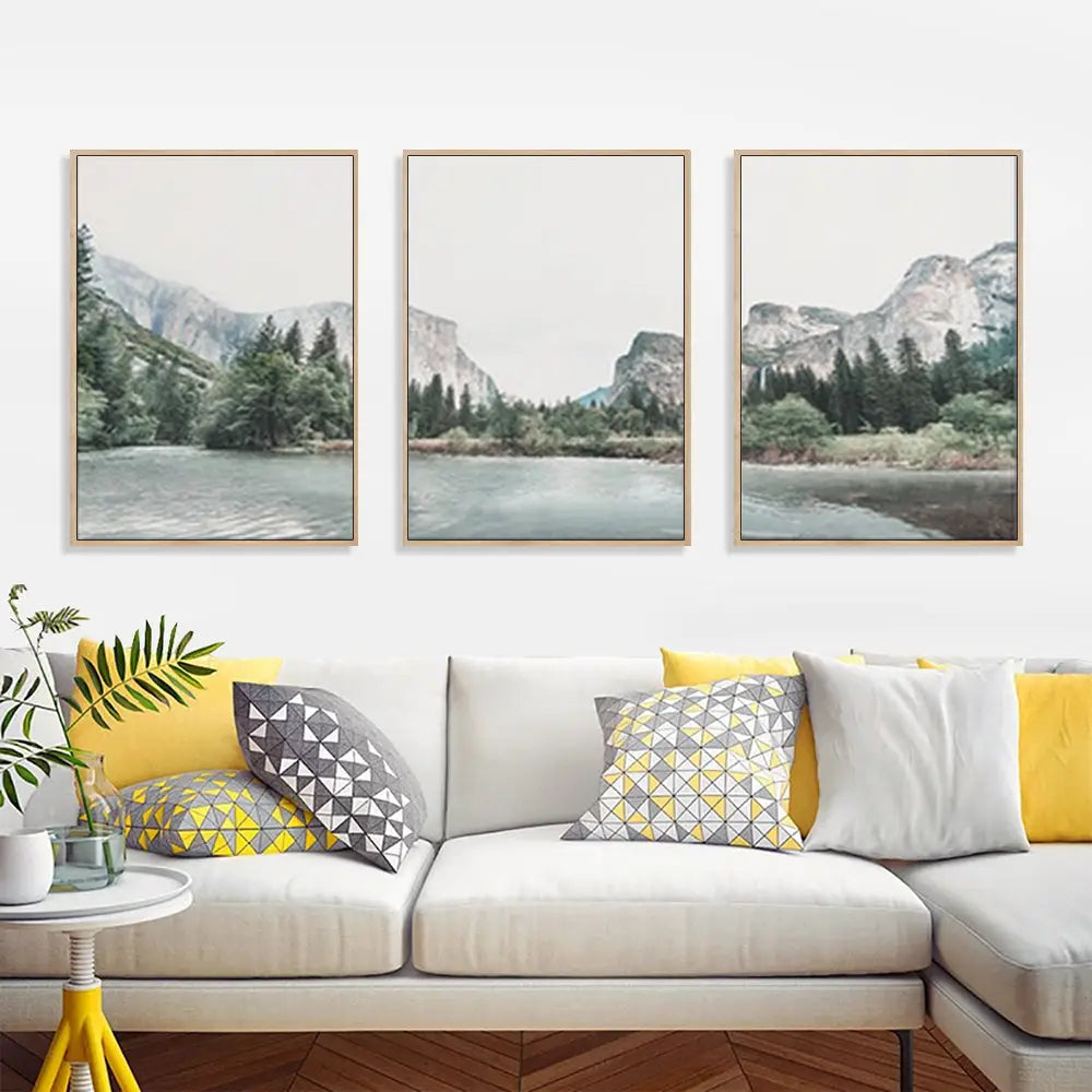 Wall Art 70cmx100cm Yosemite Valley National Park 3 Sets Wood Frame Canvas - Home & Garden > Wall Art